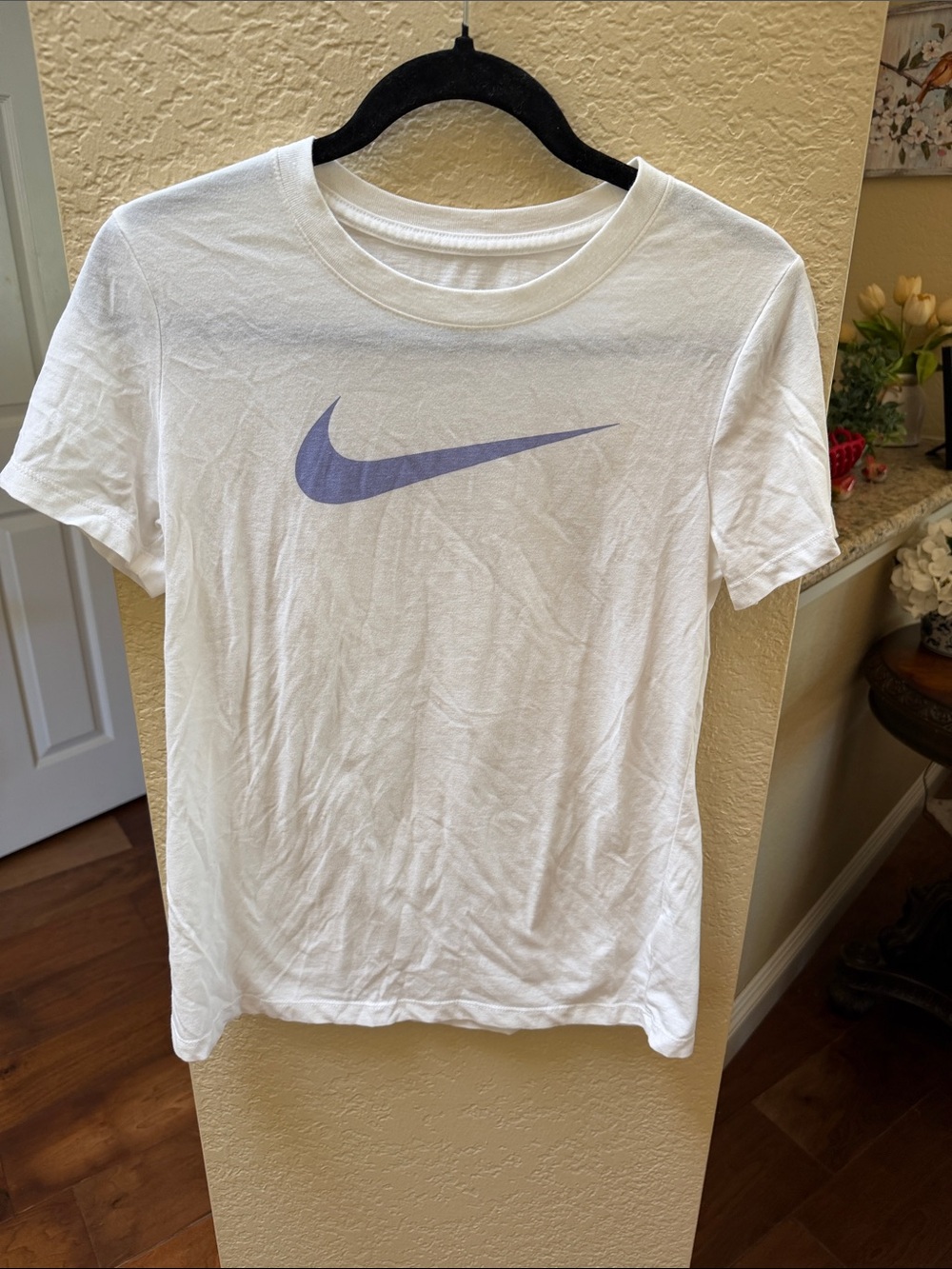 Nike Women's White Short Sleeve Tee with Purple Swoosh
